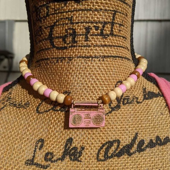 Hand Crafted Jewelry - Vintage Boombox Wood & Craft Bead Choker w/ Cassette Player Pendant & Adjustable
